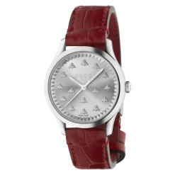 Gucci Ure*32 mm stålkasse, solbørstet urskive med bier, rød farvet alligatorrem Brun