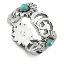 Gucci Smykker*Argento 925, Perlemor, Blå Topas, Harpiks - Ring med dobbelt G og blomstmotiv i blank aldret sterlingsølv, perlemor, blå topas og turkis harpiks Grå