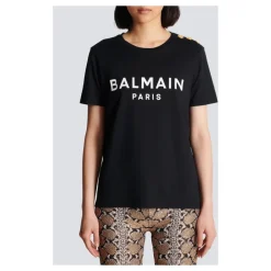 Balmain T-Shirts*Bomuld T-shirt med logo print Sort