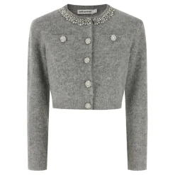 Self Portrait Striktrøjer & Sweatere*Fluffy Crystal Trim Cardigan Grå