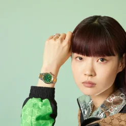 Gucci Ure*Malakitsten Skive med Guld Bier Armbånd Grøn