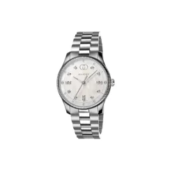 Gucci Ure*G-Timeless 29 mm rustfrit stålkasse, hvid perlemorsskive med og bogstaver, diamantindekser, rustfrit stålarmbånd Grå
