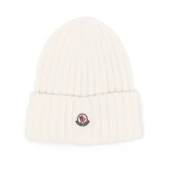 Moncler Huer & Kasketter*Ivory White Ribstrikket Beanie Hat Hvid
