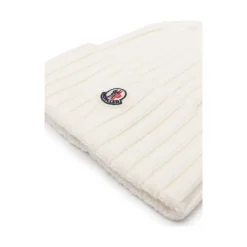 Moncler Huer & Kasketter*Ivory White Ribstrikket Beanie Hat Hvid