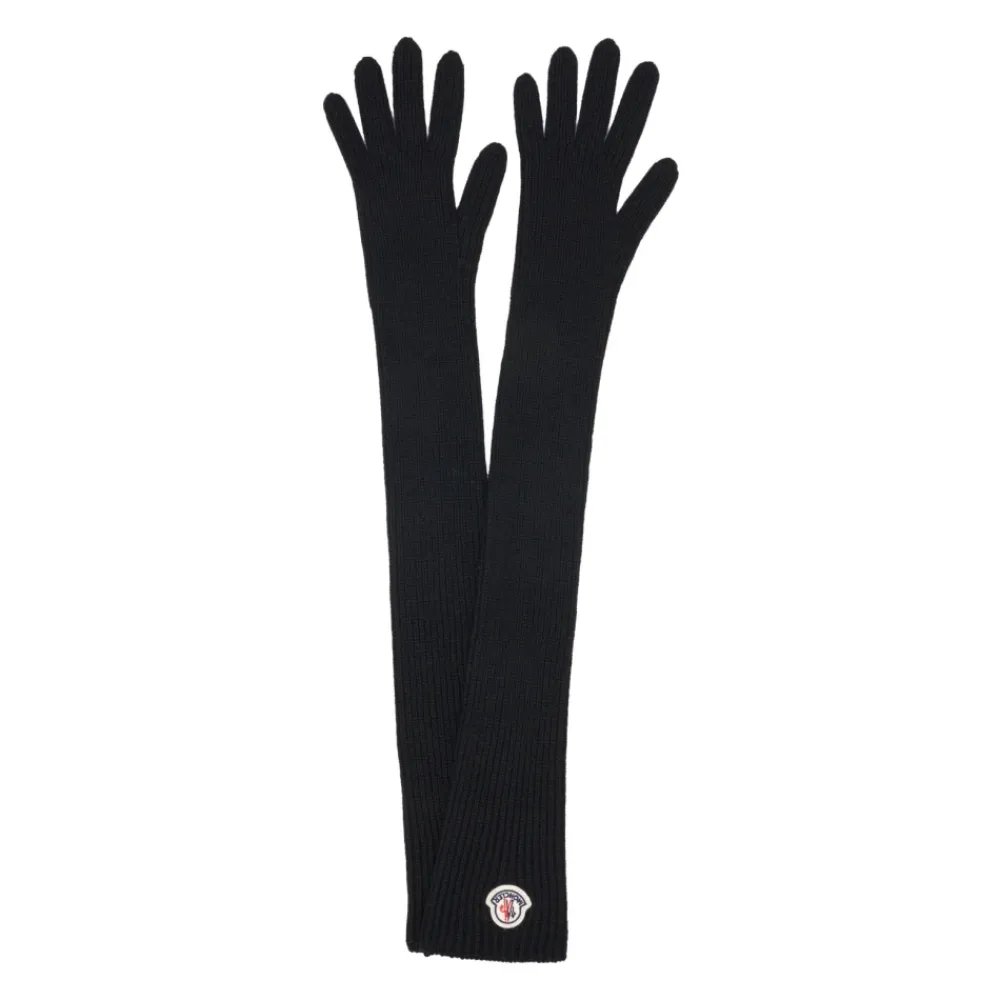 Moncler Handsker*Logo Patch Virgin Wool Long Gloves Sort