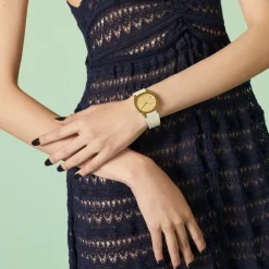 Gucci Ure*Multi-lagdelt Gylden Messing Skive med Hvidt Læderrem Grå