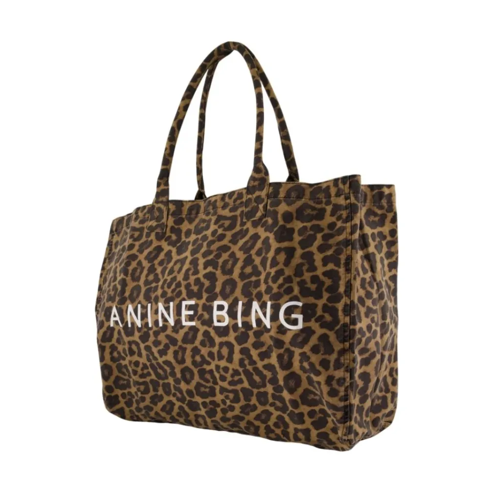 Anine Bing Indkøbstasker*Sort bomuldsshopper taske med leopard Multifarvet