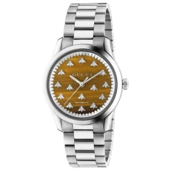 Gucci Ure*Stålkasse, brun tigerøje stendial med bier, stålarmbånd Grå