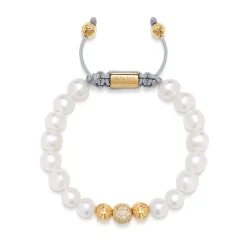 Nialaya Smykker*Women's Beaded Bracelet with White Sea Pearl and Gold Gul