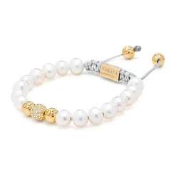 Nialaya Smykker*Women's Beaded Bracelet with White Sea Pearl and Gold Gul