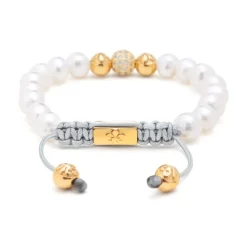 Nialaya Smykker*Women's Beaded Bracelet with White Sea Pearl and Gold Gul