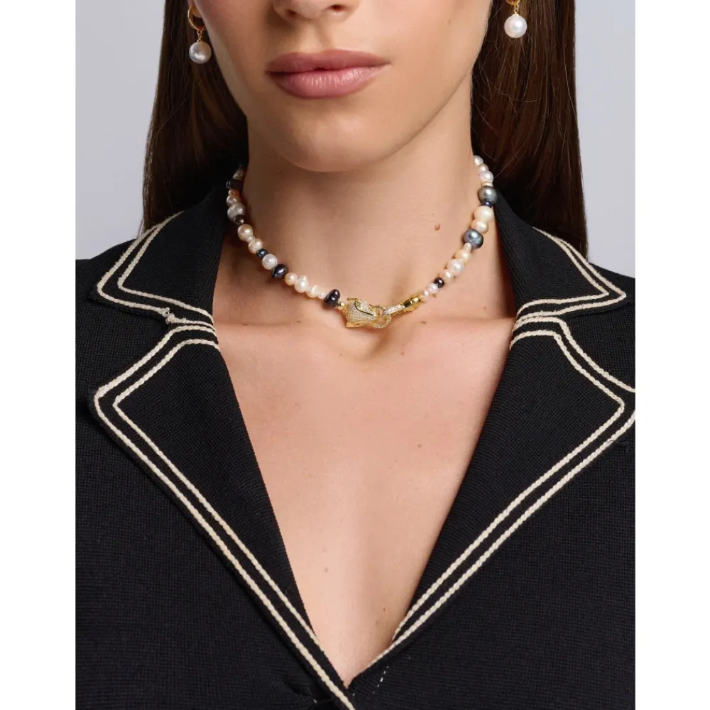 Nialaya Smykker*Women's Multi-Colored Pearl Choker with Gold Panther Head Gul