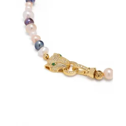 Nialaya Smykker*Women's Multi-Colored Pearl Choker with Gold Panther Head Gul