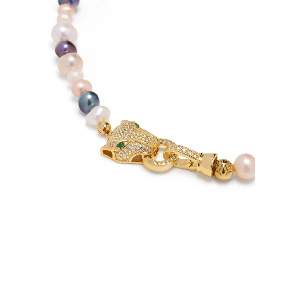 Nialaya Smykker*Women's Multi-Colored Pearl Choker with Gold Panther Head Gul