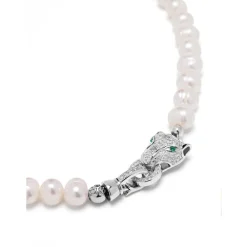 Nialaya Smykker*Women's Pearl Choker with Silver Panther Head Grå