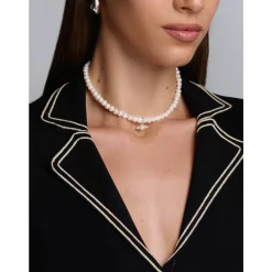 Nialaya Smykker*Women's Pearl Choker with Angel Wing Pendant Grå
