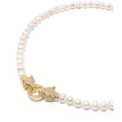 Nialaya Smykker*Women's Pearl Choker with Gold Double Panther Head Gul