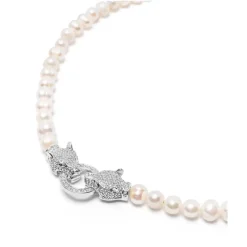 Nialaya Smykker*Women's Pearl Choker with Silver Double Panther Head Grå