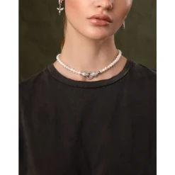 Nialaya Smykker*Women's Pearl Choker with Silver Double Panther Head Grå