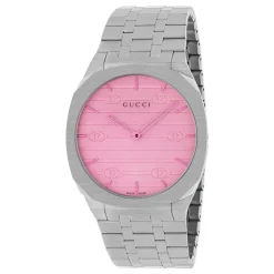 Gucci Ure*YA163410 - 38 mm rustfrit stål flerlagskasse, hvid urskive med Interlocking G-motiv og lyserødt farvet glas, armbånd i rustfrit stål med fem led Grå