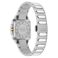 Gucci Ure*YA166503 - G-Flat 24mm rustfrit stål urkasse med 18 kt guldbelagt bezel og skruer; Sølvforzinket skive med romerske indekser kl. 12 og 6 og diamantindekser; Rustfrit stål armbånd Grå